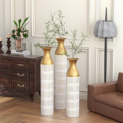 Large Floor Vases Set of 3, Modern Tall Vases for Floor, Gold Home Decor for Pampas Grass, Metal Decorative Vase for Living Room, Big Metallic Centerpiece Vase for Corner, Bedroom White