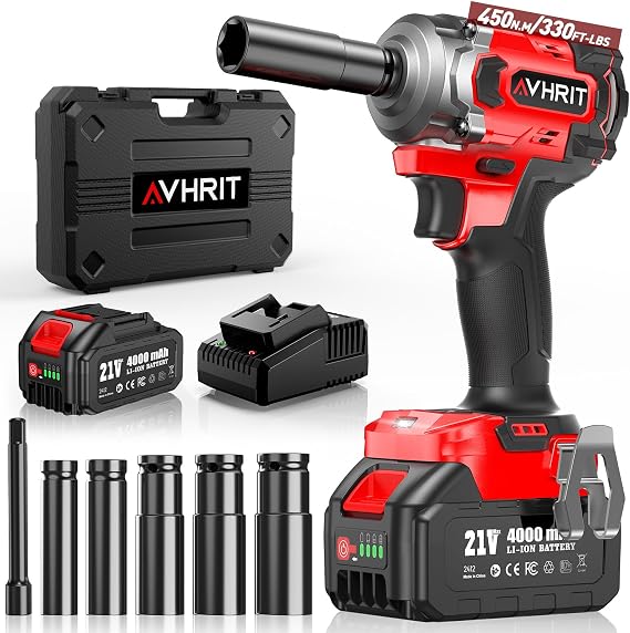 Cordless Impact Wrench 3/8 Inch, 330Ft-lbs Electric Impact Gun | Power Impact Driver with Blushless Motor, 4000mAh Battery, Charger, 5 Sockets, for Car Home, Tire Repair