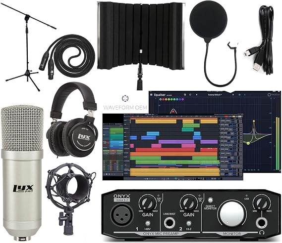 Mackie Onyx Artist 2-2 Audio/Midi interface With Pro Tools First/Tracktion Music Production Software Studio Bundle with Professional Recording Condenser Microphone and Isolation Shield