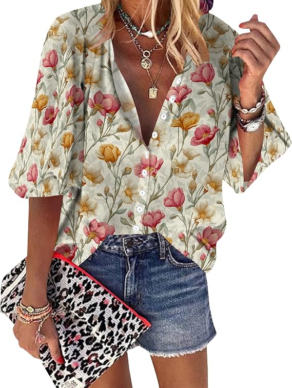 Womens Boho Tops 2025 Floral Print Summer Button Down V Neck 3/4 Sleeve Vintage Shirts Casual Loose Fit Trendy Blouses