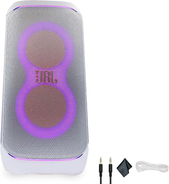 JBL PartyBox Club 120 (White) - 160W Portable Wireless Splash Proof Speaker - 12 Hours of Playtime + AUX Cable + Microfiber Cloth
