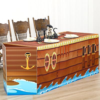 Oudain 72 x 30 Inch Pirate Party Tablecloth with Prow Cardboard Pirate Ship Table Cover Decorations for Birthday Jungle Adventure Nautical Party Favors Supplies