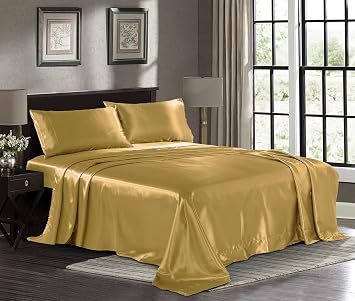 Satin Sheets King [4-Piece, Gold] Hotel Luxury Silky Bed Sheets - Extra Soft 1800 Microfiber Sheet Set, Wrinkle, Fade, Stain Resistant - Deep Pocket Fitted Sheet, Flat Sheet, Pillow Cases