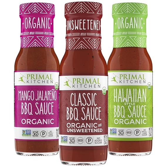 Primal Kitchen Organic BBQ Sauce | Made with Real Ingredients | No Cane Sugar or Corn Syrup | Includes Classic, Mango Jalapeno, Hawaiian BBQ | Pack of 3