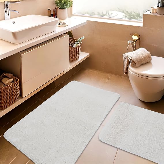 2'li Peluş Banyo Paspası Takımı – Yumuşak Kaymaz Tabanlı Klozet Takımı 60x50-60x100 Krem