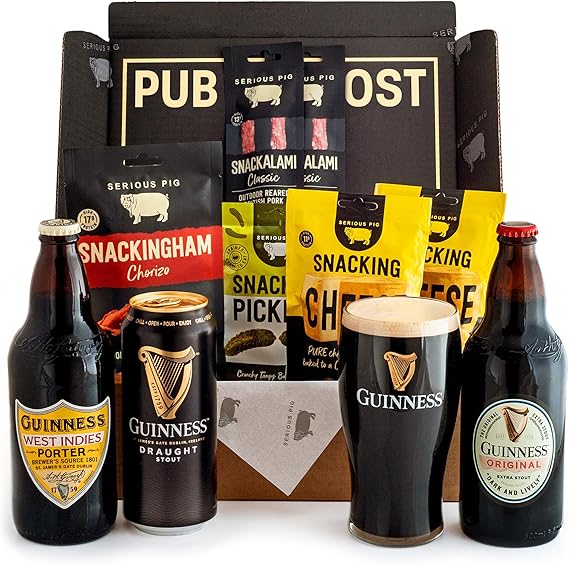 Serious Pig + Guinness Gift Set with Official Guinness Glass and Gourmet Pub Snacks (10 Pack)
