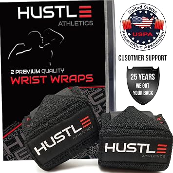 Hustle Athletics Wrist Wraps for Weightlifting, USPA-Approved 12" Wrist Support Straps for Bench Press, Squats & Overhead Press, Heavy-Duty Gym Wraps for Men and Women