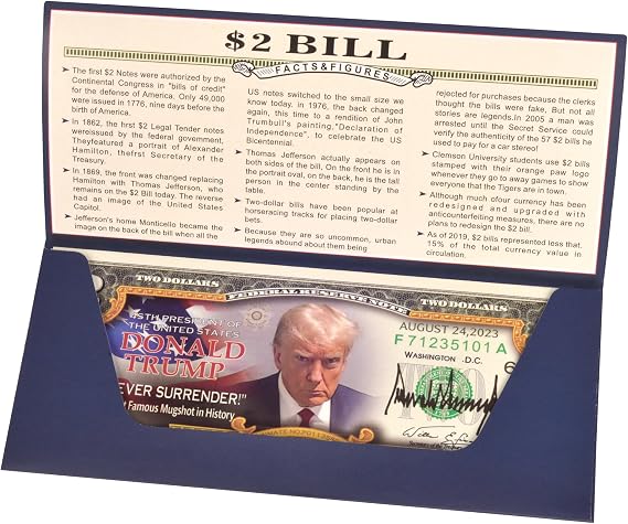 Donald Trump 2 Dollar Bill Trump Never Surrender Colorized Mugshot $2 Bill Uncirculated Commemorative Coin Trump Merchandise, Green