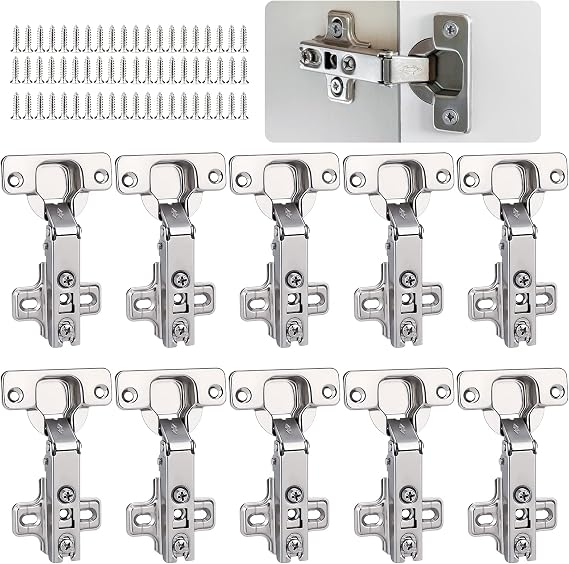 10 PCS Cupboard Hinges, Honeueuen Cabinet Hinges, Cold Rolling Hinge with Screws, Full Overlay Mute Kitchen Units Door Hinges for Bathroom Bedroom Dining Room
