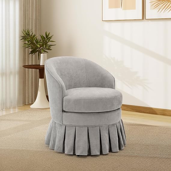 Mid-Century Modern Swivel Barrel Accent Chair, Upholstered Linen Dining Armchair with Sturdy Wood Frame, Cuddle Chair with High Back-300LBS, for Vanity, Dressing Room, Bedroom Decor,Grey