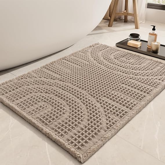 AMOAMI Waffle Bath Mat,Super Absorbent Bath Mats for Bathroom,Non Silp Machine Washable Bathroom Rugs,Soft Bath Rugs with Tassels Front of Bathtub, Sink, Brown 17"x40"