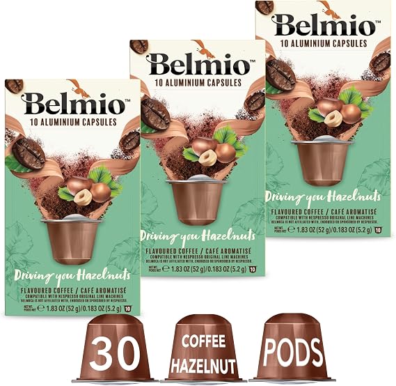 Belmio Driving You Hazelnuts Flavour Aluminium Nespresso Original Compatible Coffee Pods - Rainforest Alliance Certified 30 Capsules (3 x 10 packs) - Indulgent Espresso with Roasted Hazelnut Flavour