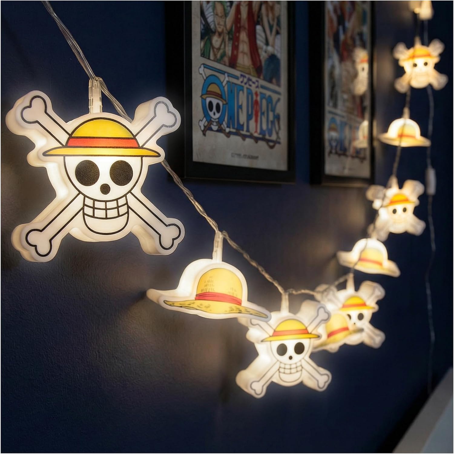 Get Trend One Piece 3D String Lights, 10 Pcs White LED Fairy Lights, Battery Operated & 2 Lightning Modes, Straw Hat Skull Indoor Home Decoration & Bedroom Decor, Gifts for Anime Manga Fans