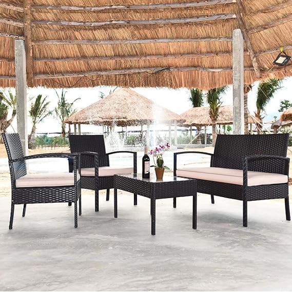 4 Pieces Patio Furniture Set, Wicker Conversation Set with Water-Resistant Cushion & Tempered Glass Table, Porch Deck Furniture Outdoor Rattan Chair for Backyard, Balcony(Beige)