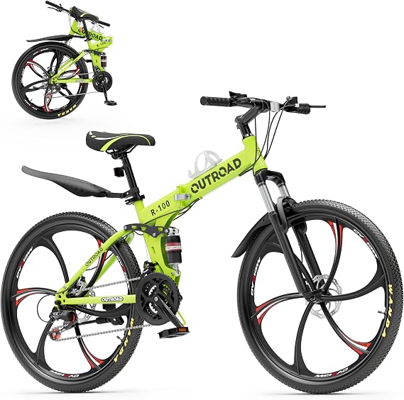 26 Inch Adult Folding Bikes/Mountain Bikes, 21 Speeds Mountain Bicycles with Full Suspension, Dual Disc Brake, High Carbon Steel Frame, Foldable Bike for Men/Women/Teen, LH-Green