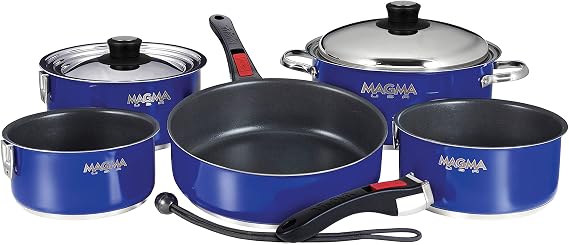 Magma A10-366-CB-2-IND 10 Pc Stainless Steel NonStick Nesting Cookware Set | Compact Pots & Pans for Boat, RVs, Camping & Home. Stackable, Space-Saving, Induction Compatible. Durable. Cobalt Blue