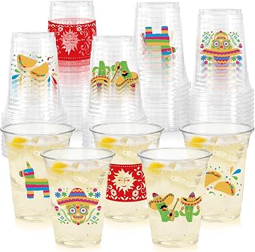 50Pcs Fiesta Cups,12 Oz Plastic Disposable Clear Mexican Cups with 5 Pattern Designs for Cinco De Mayo Drinkware Party Supplies Taco Birthday Party Decorations