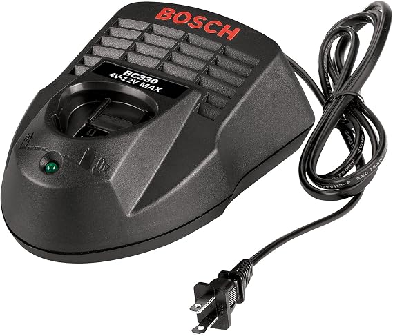 Bosch BC330 12V Lithium-Ion Battery Charger for BAT412, BAT414 Batteries | Black | LED Status Indicators | Integrated Contact Terminals | Compact Benchtop Design | Thermal Monitoring Circuitry