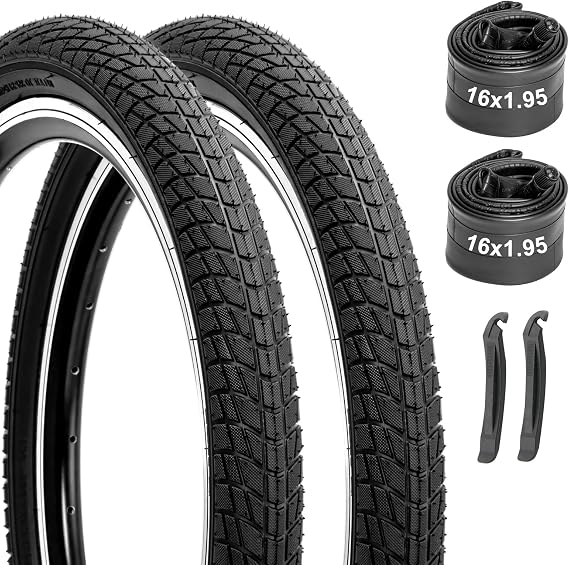Kids Bike Tires and Tubes Set: 2-Pack 16x1.95/20x2.125 Inch Folding Bicycle Tires, Puncture-Protection Inner Tubes Schrader Valve with Tire Levers for BMX MTB