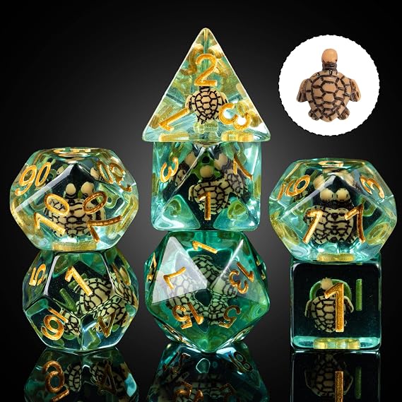 cusdie 7-Die DND Dice, Polyhedral Dice Set Filled with Animal, for Dungeons and Dragons Role Playing Game D&D Dice（Brown Turtle）