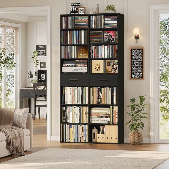 HOSTACK 73" Tall Bookshelf with Drawers, 7-Tier Black Bookshelf with Storage, Double Wide Bookcase with 14 Open Book Shelves, Wood Book Case with Adjustable Shelves for Media CD DVD Storage, Black