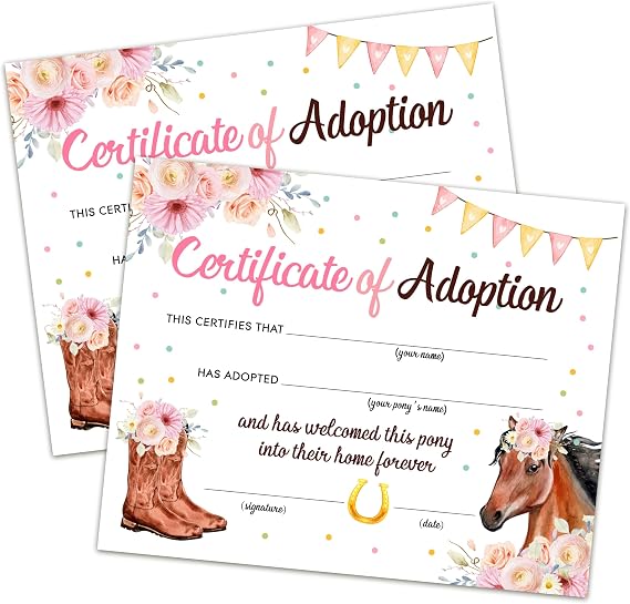 Horse Adoption Certificate - Adopt A Pony Certificate for Girl Cowgirl - Horse Adoption Party Decorations - Horse Pony Birthday Party Favors Supplies, 10 Adoption Certificates (CC11)
