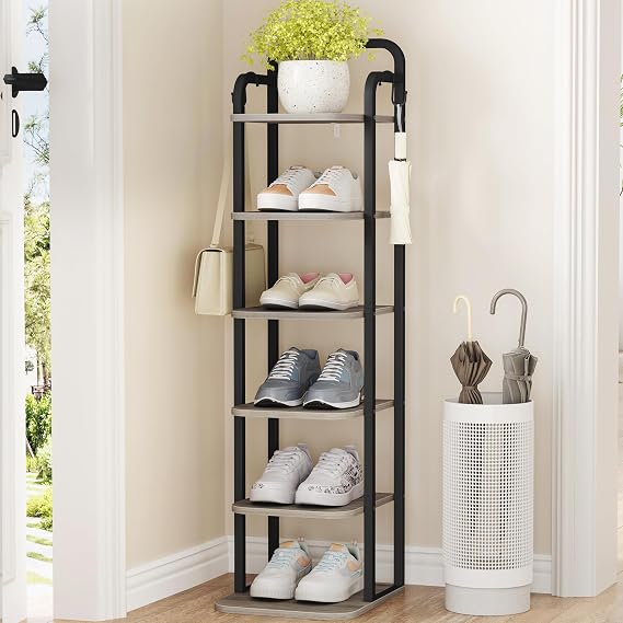 Hzuaneri 6 Tiers Vertical Shoe Rack, Narrow Shoe Tower, Tall Shoes Shelf with 2 Hooks, Adjustable Shelves, Corner Shoes Shelves for Small Spaces, Entryway, Living Room, Greige, SR04205B