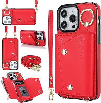 LUVI Compatible with iPhone 16 Pro Wallet Case with Card Holder Crossbody Neck Strap Lanyard Wrist Strap Purse for Women PU Leather Flip with Credit Card Kickstands Stand Cover Red