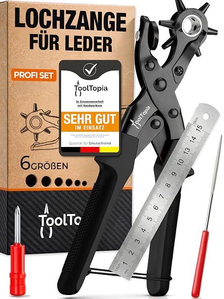 Lochzange für Leder [KOMPLETTSET] Locheisen Lochstanzer als Leder Werkzeug Lochzange Papier Gürtel Locher oder Lochstanze für Stoff Biothane Kunstleder etc. Hole Puncher mit Komforthebel
