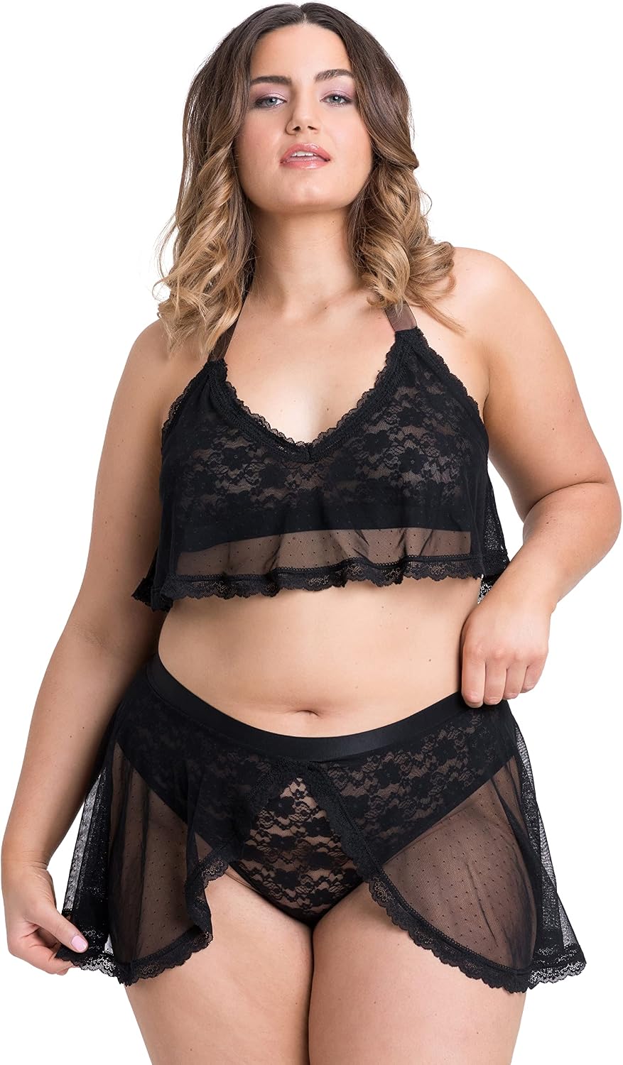Lovehoney Lingerie Peony Black Lace & Mesh Bra Set with Knicker and Overskirt - One Size Queen 14-20