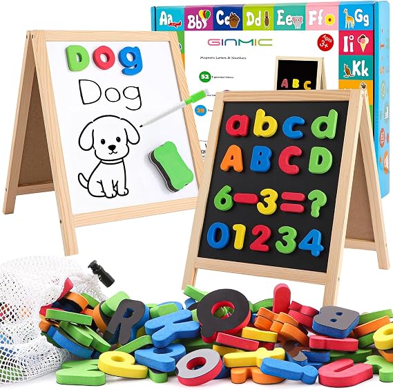 GINMIC Magnetic Letters and Numbers with Magnet Board, Alphabet ABC Magnets, Learning & Educational Toys - Uppercase Lowercase Math Symbols with Magnetic Whiteboard Chalkboard for Kids