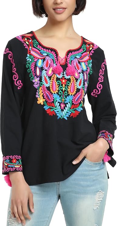 YZXDORWJ Women's Mexican Long Sleeve Blouse Embroidered Traditional V Neck Top Boho Tunic
