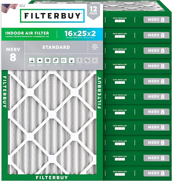 Filterbuy 16x25x2 Air Filter MERV 8 Dust & Allergy Defense (12-Pack)