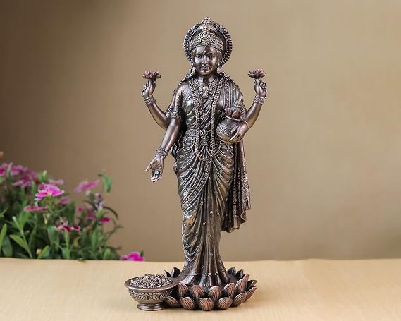 Goddess Lakshmi Statue Dhan Laxmi Idol with Money Pot Bonded Bronze 26 cm Maha Laxmi Moorti Figurine