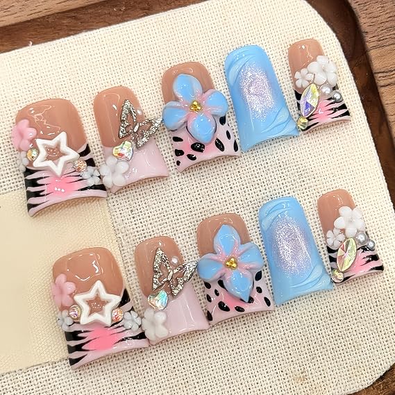 Handmade Press On Nails Duck- 10Pcs Acrylic False Nails Short Glue on Nails with Flowers Butterfly Star Rhinestones 3D Nail Art Fake Nails for Women Girls Party Daily Wear