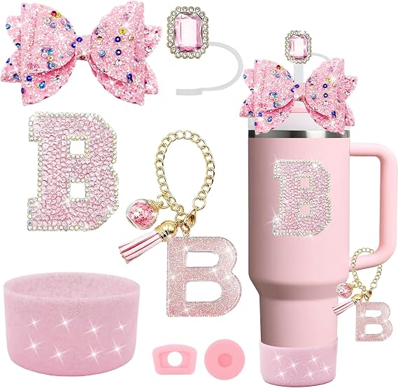 7PCS Pink Stanley Cup Accessories Set,Initials Decorations for Stanley Cup 30oz 40oz,Includes Jewel Straw Topper,Spill Proof Stopper, Handle Charm,Sparkly Silicone Boot,Letter Sticker,Bow (pink B)