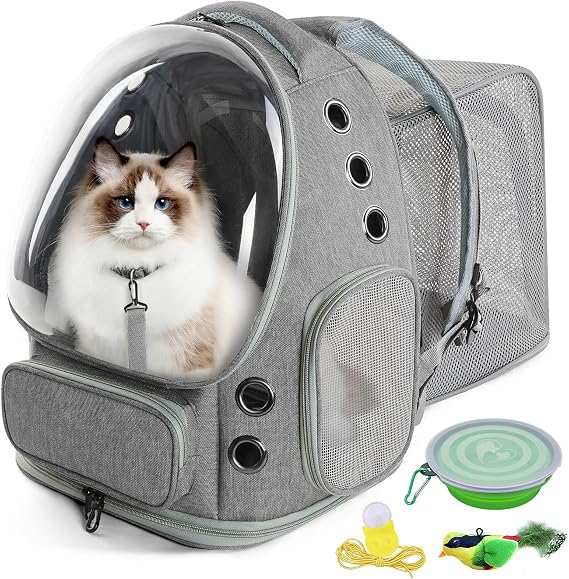 Expandable Cat Backpack with Window Dog Backpack Cat Backpack Large Cat Backpack with Inner Safety Lead and Pet Mat for Car Hiking Grey 42 x 32 x 24 - 57 cm