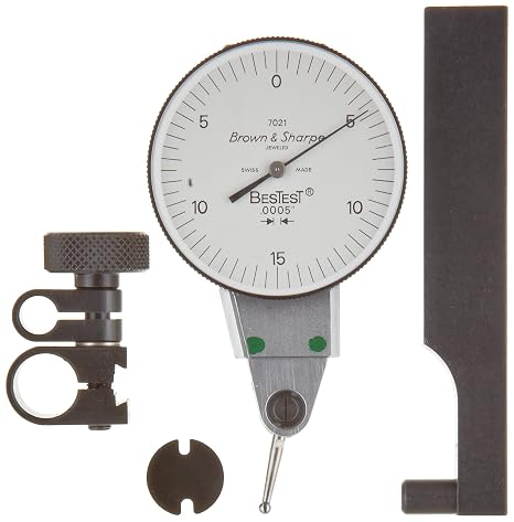 Brown & Sharpe 599-7022-3 Dial Test Indicator Set, Side Mounted, M1.4x0.3 Thread, White Dial, 0-4-0 Reading, 1.5" Dial Dia., 0-0.008" Range, 0.00005" Graduation, +/-0.0001" Accuracy
