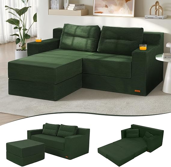 COMAX Futon Sofa Bed, Boneless Loveseat Couch in A Box, 67" L-Shaped Convertible Sofa Bed Corduroy for Living Room, Fold Out Small Foldable Loveseat Foam with Movable Ottoman, Floor Sleeper, Green