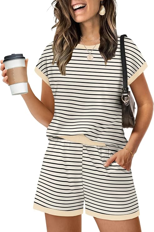 WIHOLL Two Piece Sets for Women Summer Lounge Short Sets Cap Sleeve Crew Neck Sweatsuit with Pocket XS-2XL