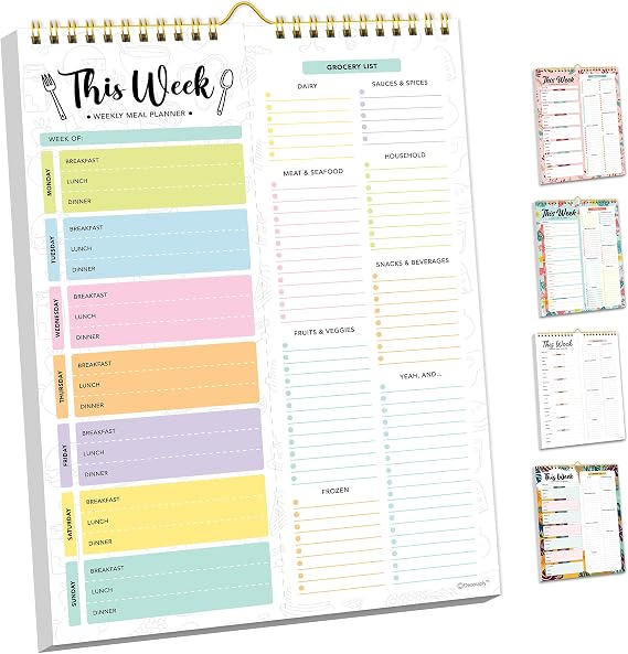 Decorably 52 Sheets Pastel Rainbow Undated Magnetic Weekly Meal Planner | 8.5x11in Grocery List Notepad Meal Planner with 4 Strong Magnets - Spring-Bound, Refrigerator Mountable, Easy Tear-Off Design