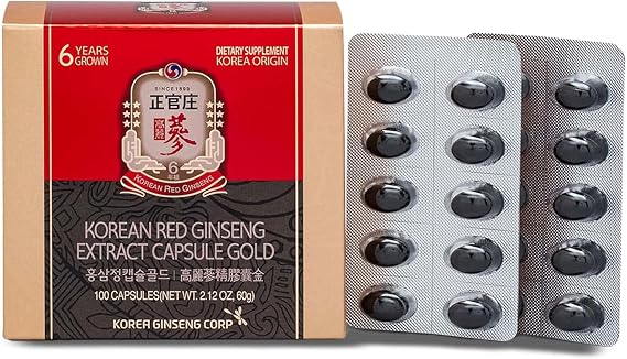 Jung Kwan Jang Korean Red Ginseng Extract Capsules Gold Panax Ginseng Root Powder Focus Pills for Men & Women, Natural Energy, Circulation, Immune, Brain Booster - 100 Capsules