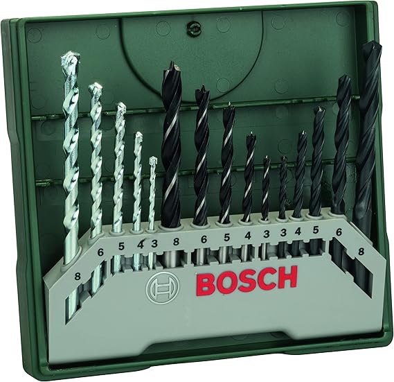 Bosch 2607019675 15-Piece Mini-X-Line Twist Drill Bit Set (Wood, Masonry and Metal, Accessories for Drills) , Silver/Black , 157mm x 150mm x 20mm