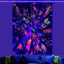 Blacklight Galaxy Forest Silhouette Tapestry for Bedroom Night Sky Ceiling Tapestry for Bedroom Decor Dark Forest Stars Tapestries Glow in the Dark Starry Night Tapestries UV Reactive Dorm Decor 36x48