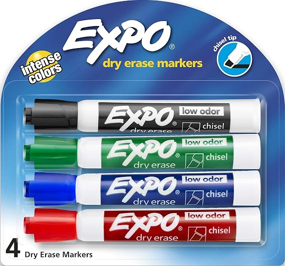 EXPO Low-Odor Dry Erase Markers, Chisel Tip, Assorted Colors, 4-Count