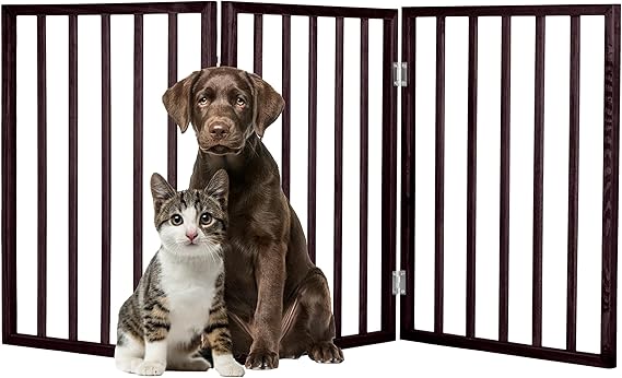 3-Panel Indoor Foldable Dog Fence for Stairs, Hallways, or Doorways - 54x24-Inch Wood Freestanding Dog Gates by PETMAKER (Brown)