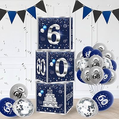 3Pcs 60th Birthday Decorations Boxes for Men Blue Silver 60th Happy Birthday Balloons Boxes Party Supplies 60 Year Old Birthday Theme Cardboard Box Decor.
