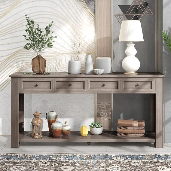 Merax Long Sofa Table with 4 Drawers and 1 Bottom Shelf, Gray Wash | 2 Tier Console Table with Storage, Solid Wood, for Entryway Hallway