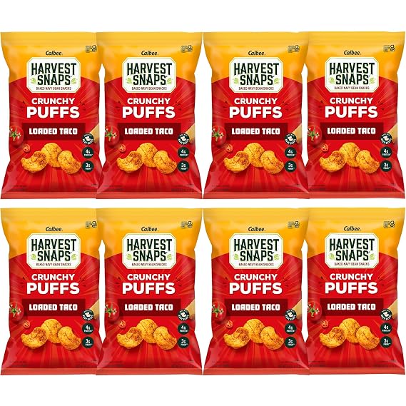 Harvest Snaps Veggie Chips (Loaded Taco Crunchy Puffs) | Powered by Plant Protein, Gluten Free Baked Vegetable Crisps | Made in USA (8 Snack Packs)
