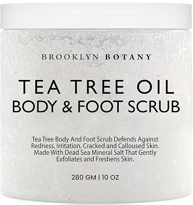 Brooklyn Botany Dead Sea Salt and Tea Tree Oil Body Scrub - Moisturizing and Exfoliating Body, Face, Hand, Foot Scrub - Fights Stretch Marks, Fine Lines, Wrinkles - Great Gifts for Women & Men - 10 oz
